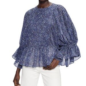 Ted Baker Blue Amelaa Leopard Printed Puff Sleeve Peplum Blouse Size 3